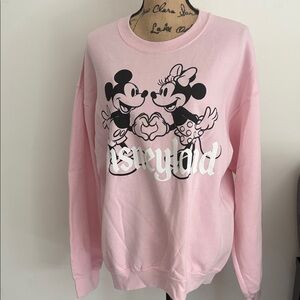 Disney Park Valentines Pink Crew Neck Sweater with Mickey and Minnie. Size L.